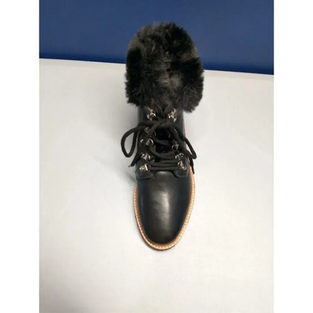 Botkier Winter Snow Boots Womens Size 6 Black Leather Faux Fur‎ Lining Lace Up